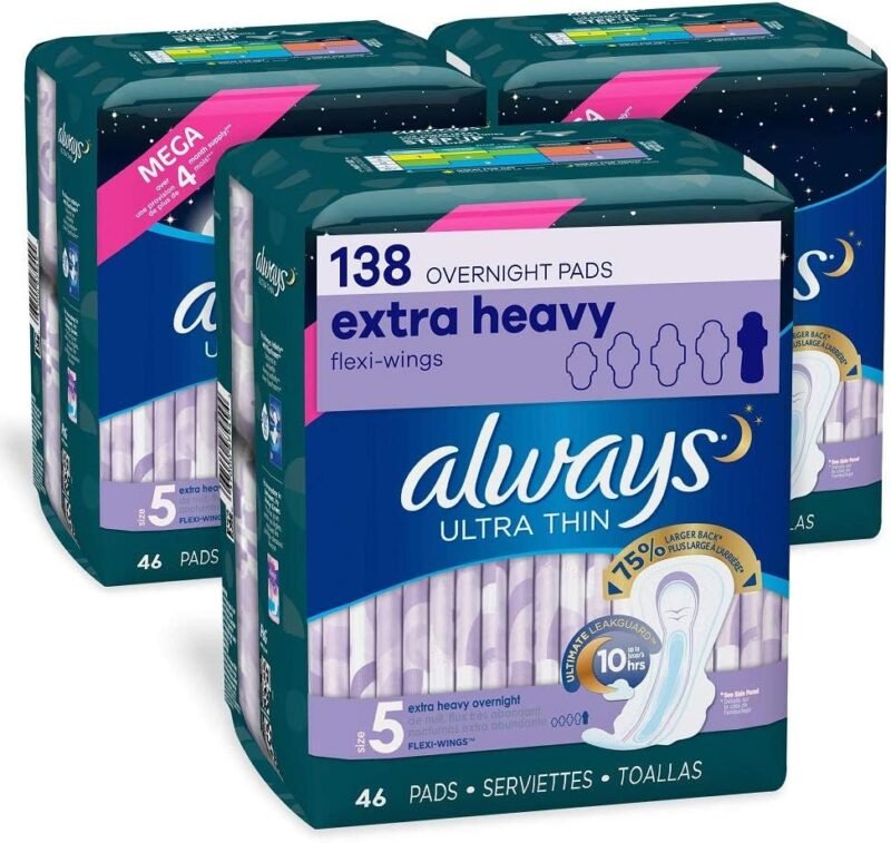 Always Ultra Thin Feminine Pads for Women, Size 5, Extra Heavy, Overnight Absorbency with Wings, 46 Count x 2 Packs (92 Count Total)