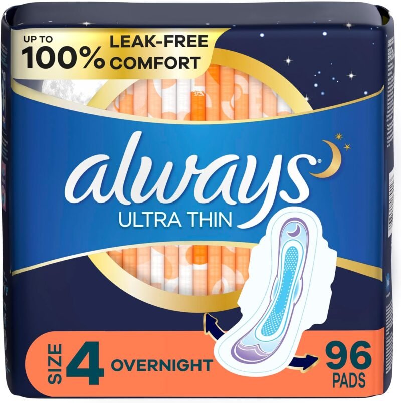 Always Ultra Thin Overnight Pads with Flexi-Wings, Size 4, Overnight, Unscented, 78 Count Total (3 Packs of 26)