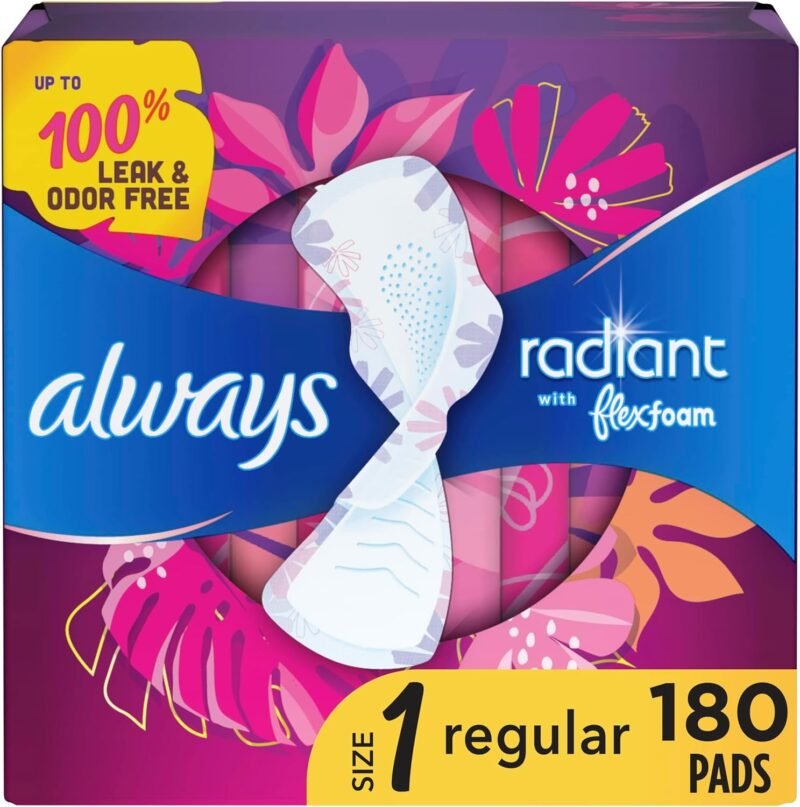 Always Radiant Feminine Pads For Women, Size 1 Regular Absorbency, Multipack, With Flexfoam, With Wings, Light Clean Scent, 30 Count x 3 Packs (90 Count total)