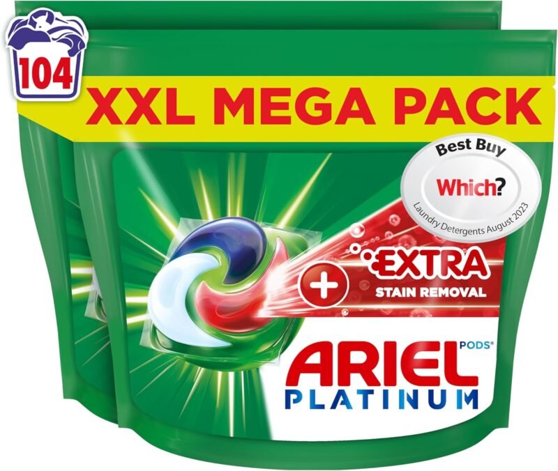 Ariel Platinum PODS®, Washing Liquid Laundry Detergent Capsules 104 Washes, +Extra Stain Removal, Even Remove 7-Day Dried-In Stains